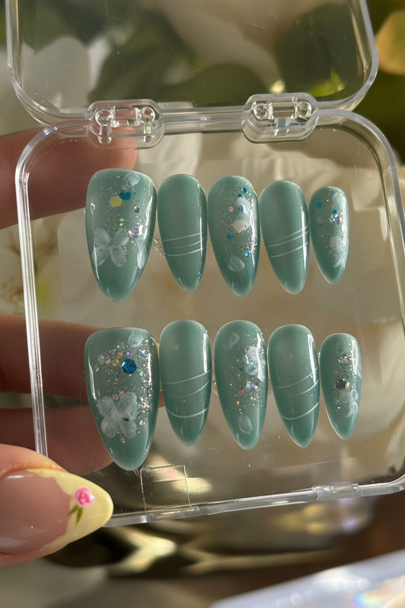 Sea Glass Blooms Press-On Nails|Medium Almond